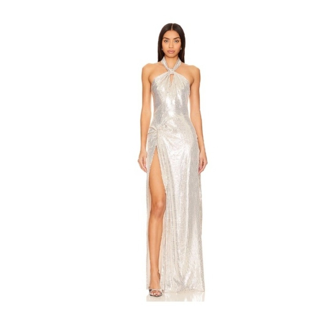 Ronny Kobi Dress Size Small Silver Sequins Zane Maxi Gown
